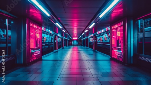 Neon-lit subway passage with vibrant pink and blue lights reflecting on the tiled floor.