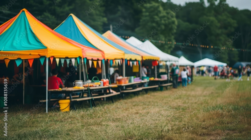 Colorful festival tents lined along a grassy field during a vibrant outdoor event with people enjoying activities and socializing under festive decorations Colorful festival tents lined along a grassy field during a vibrant outdoor event with people enjoying activities and socializing under festive decorations