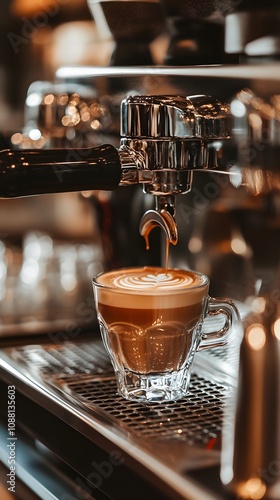Close-up of freshly brewed espresso in a glass cup with intricate latte art.