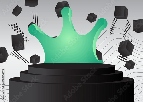 Mockup product display with Crown. Vector cylinder pedestal podium. Stage showcase for presentation. Minimal geometric forms.
