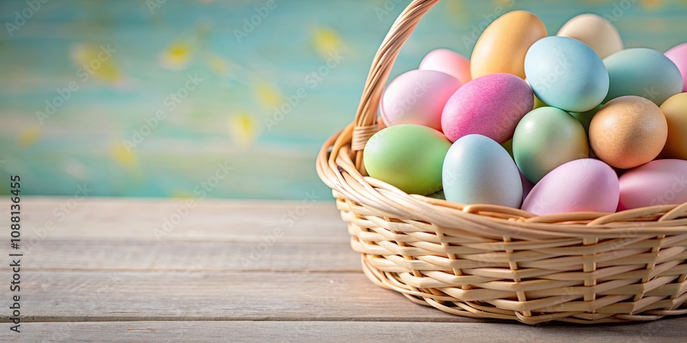 Close-up view of a basket filled with pastel-colored Easter eggs, Easter, eggs, basket, decorations, holiday, festive Close-up view of a basket filled with pastel-colored Easter eggs, Easter, eggs, basket, decorations, holiday, festive