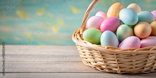 Close-up view of a basket filled with pastel-colored Easter eggs, Easter, eggs, basket, decorations, holiday, festive photo