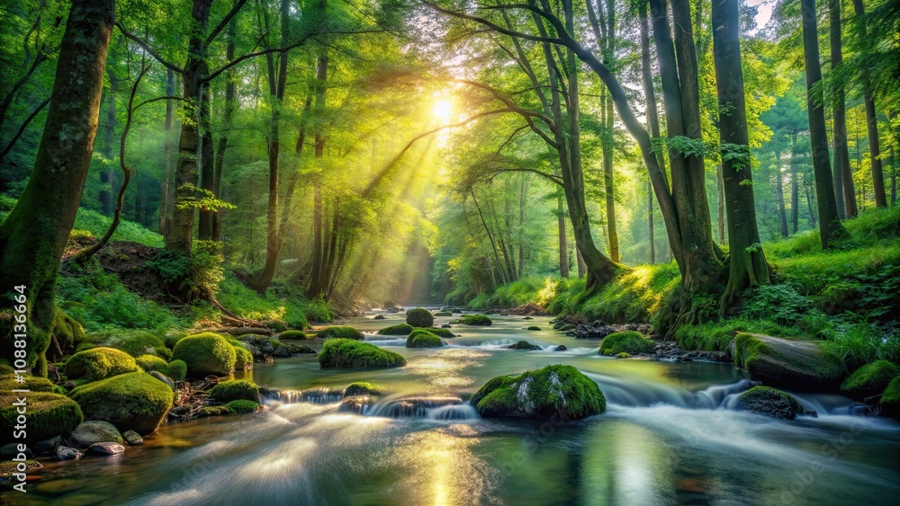 Fototapeta premium Tranquil forest stream with sunlight filtering through lush green trees and babbling water, nature, landscape, creek