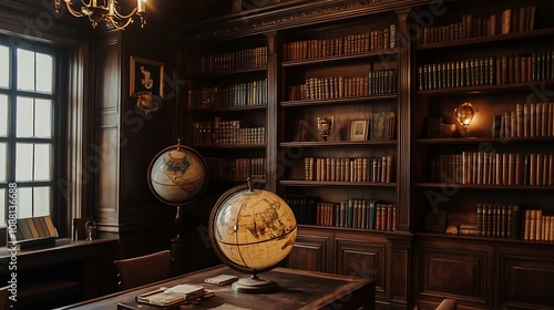 Dark wood library interior with globe, bookshelves, and window.