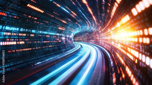 Abstract digital tunnel with vibrant lights creating a sense of motion and speed, representing technology, data flow, and futuristic concepts in a visually striking manner.