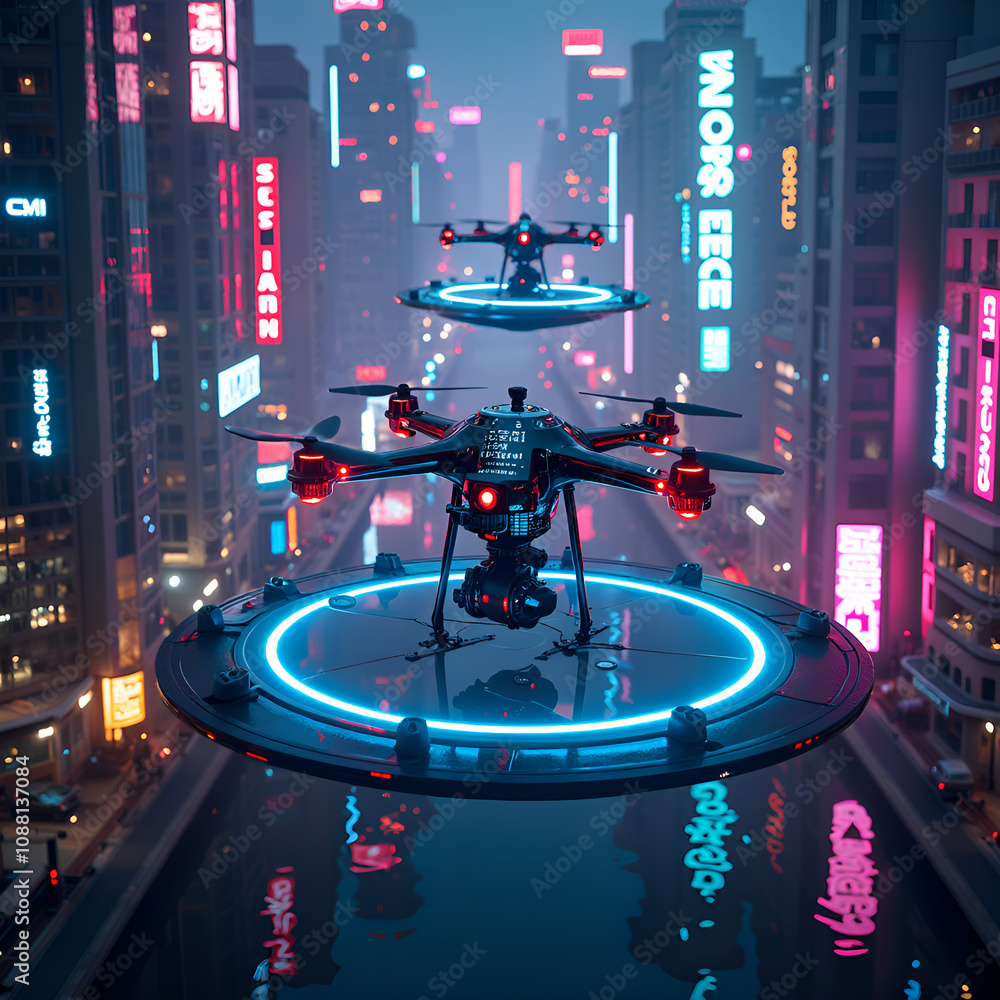 Obraz premium Futuristic drones gliding over a neon lit cityscape at night with reflections in water, photography of futurism concept.