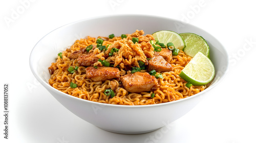 A bowl of instant noodles with chicken and a lime garnish.