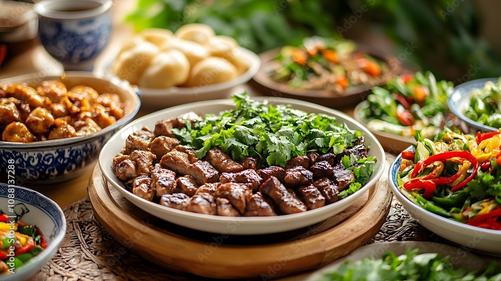 A colorful feast of grilled meats and fresh salads in a vibrant setting. A colorful feast of grilled meats and fresh salads in a vibrant setting.