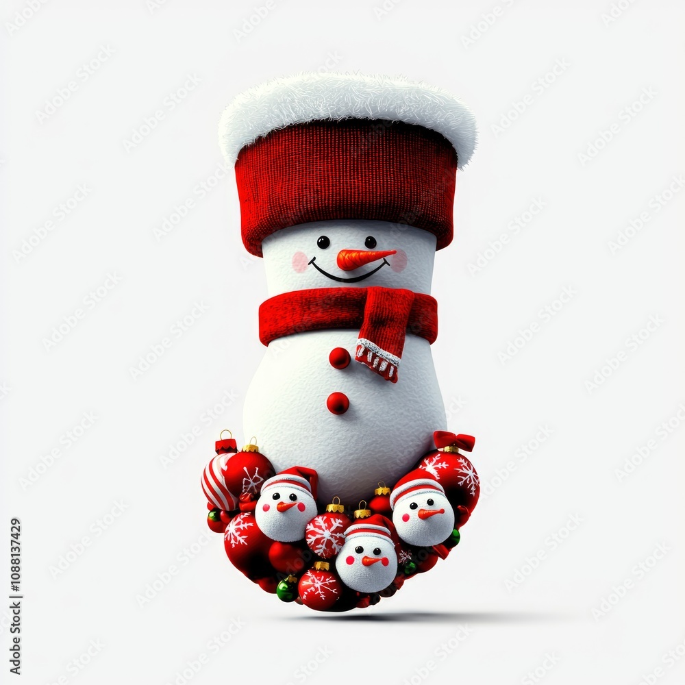 Festive Snowman with Christmas Ornaments and Red Knit Hat Festive Snowman with Christmas Ornaments and Red Knit Hat