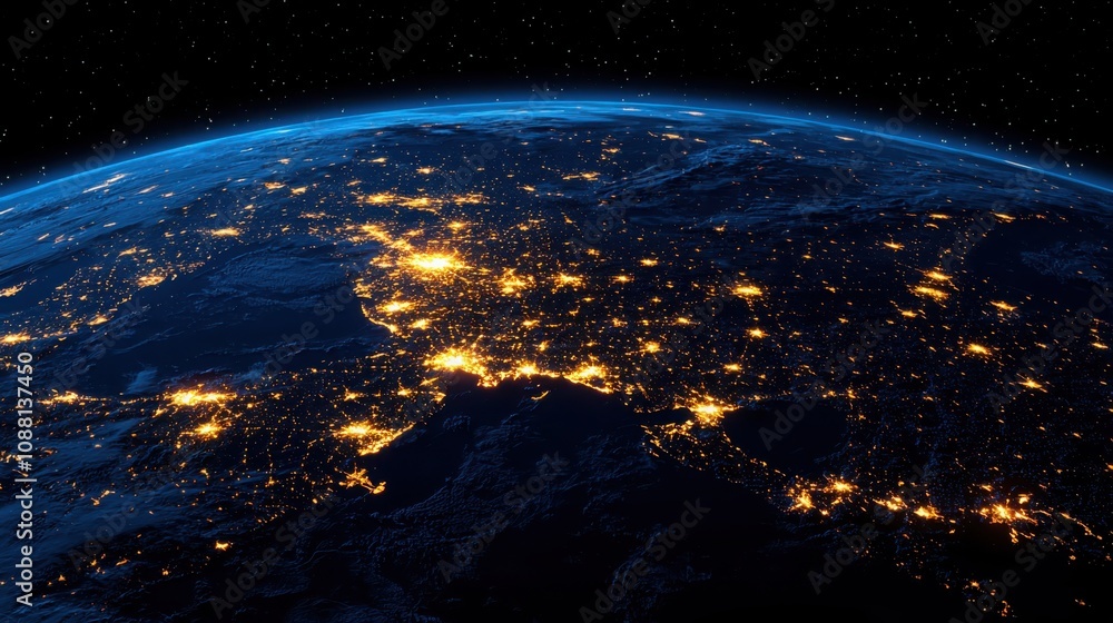 Fototapeta premium Illuminated global telecommunications connections earth overview digital visualization space environment satellite view connectivity concept