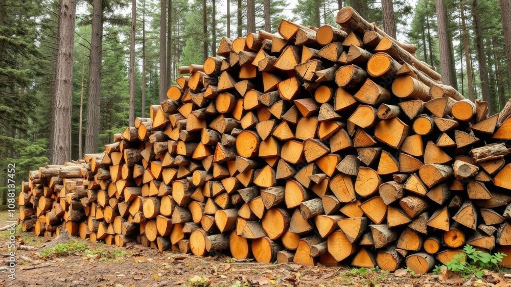 A close-up shot of a neatly stacked pile of chopped wood, ready to be burned for alternative renewable energy, forest, forestry A close-up shot of a neatly stacked pile of chopped wood, ready to be burned for alternative renewable energy, forest, forestry