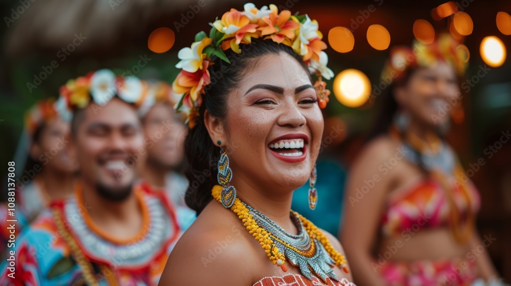 Joyful Celebration of Culture in Traditional Hawaiian Attire with Colorful Floral Accessories and Bright Smiles at a Festive Gathering Under Soft Lighting