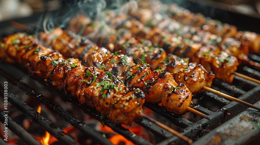 A crisp image of Grilled Chicken skewers on a charcoal grill, with smoke rising, set in a bustling street market A crisp image of Grilled Chicken skewers on a charcoal grill, with smoke rising, set in a bustling street market