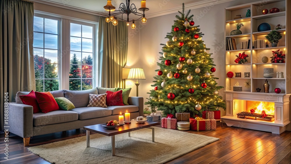 Cozy living room setup with a sofa adorned with a beautifully decorated Christmas tree, Christmas, holiday, living room, sofa Cozy living room setup with a sofa adorned with a beautifully decorated Christmas tree, Christmas, holiday, living room, sofa