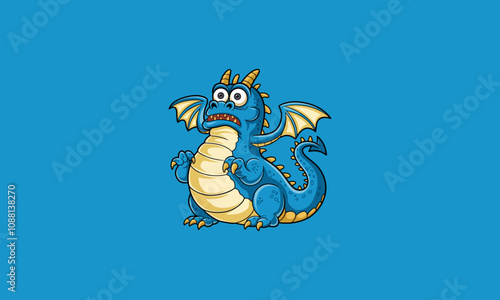 Cartoon blue dragon with wings and funny expression."Keywords: