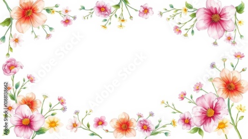 A delicate frame of blooming spring flowers in a watercolor illustration on a clean white backdrop, texture, spring