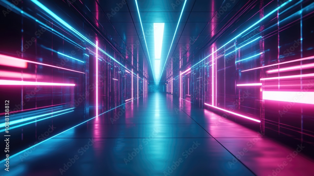 Futuristic Corridor with Neon Lights in blue and pink tones, creating a surreal and high-tech atmosphere ideal for sci-fi, technology, and virtual reality themes. Futuristic Corridor with Neon Lights in blue and pink tones, creating a surreal and high-tech atmosphere ideal for sci-fi, technology, and virtual reality themes.