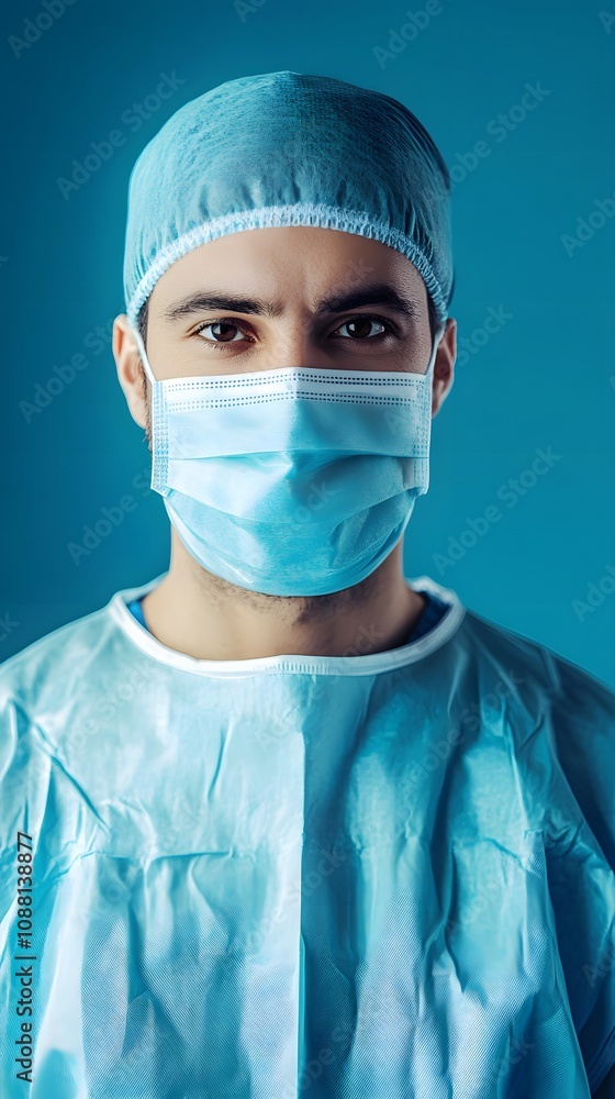 Male healthcare worker in a surgical mask and cap, focused against a blue background.
