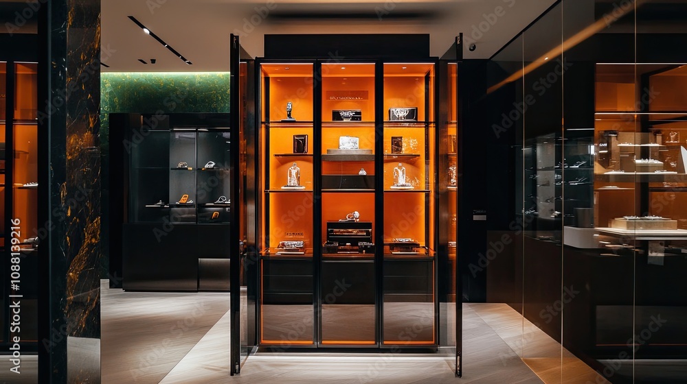 Luxury Retail Display Showcase in Modern Boutique Featuring Elegant Jewelry and Accessories Illuminated with Warm Lighting and Minimalist Design Elements Luxury Retail Display Showcase in Modern Boutique Featuring Elegant Jewelry and Accessories Illuminated with Warm Lighting and Minimalist Design Elements