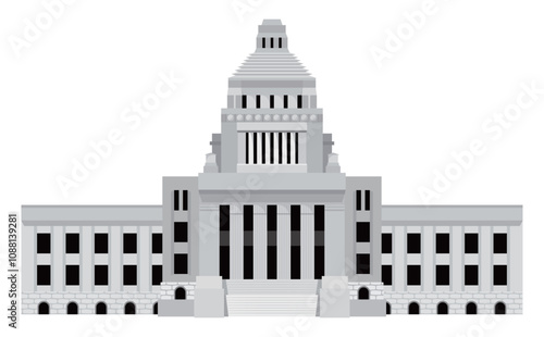 日本の国会議事堂のシンプルな建物ベクターイラスト_国会議事堂前からみた風景_政治や経済などのシンボル
