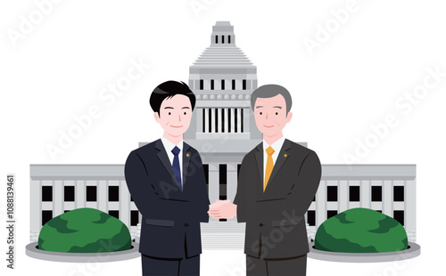 国会議事堂前で握手をする日本人政治家の男性イラスト_改革・クリーンな政治イメージ