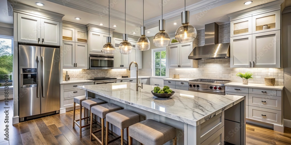 Modern kitchen interior with stainless steel appliances, marble countertops, and trendy pendant lights, modern Modern kitchen interior with stainless steel appliances, marble countertops, and trendy pendant lights, modern