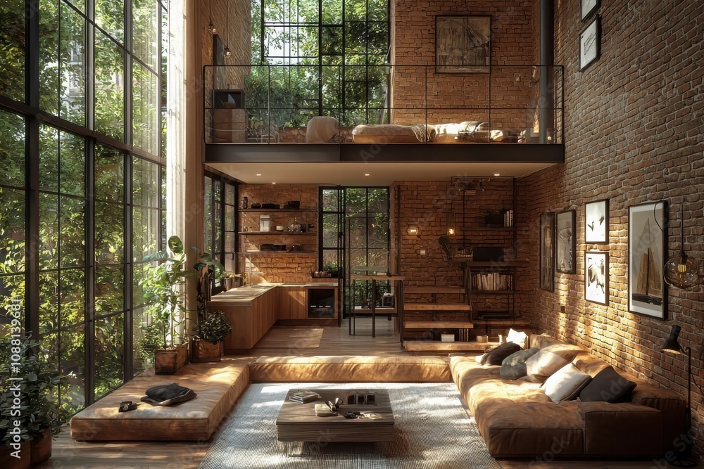 Discover the charm of a spacious loft apartment with exposed brick walls in urban living environment Discover the charm of a spacious loft apartment with exposed brick walls in urban living environment