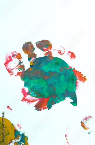 Baby footprint, colorful colors on white background, abstract, fun art.