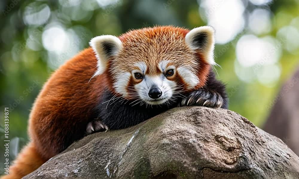 Peaceful Red Panda Resting on Rock Amidst Lush Greenery : Generative AI Peaceful Red Panda Resting on Rock Amidst Lush Greenery : Generative AI