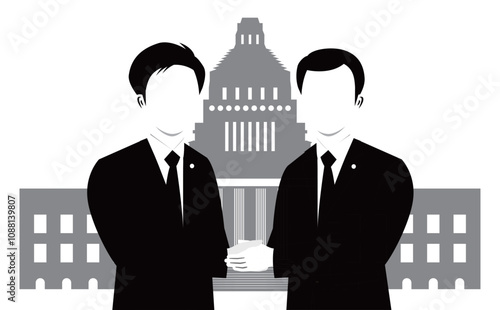 国会議事堂前で握手をするシンプルな日本人政治家の男性シルエットモノトーンイラスト_改革・社会問題イメージ