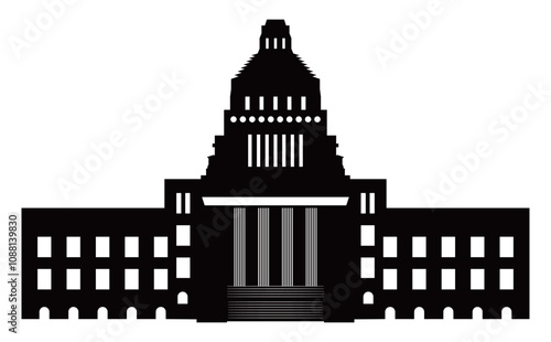 日本の国会議事堂のシンプルな建物ベクターシルエットイラスト_国会議事堂前からみた風景_政治や経済などのシンボル