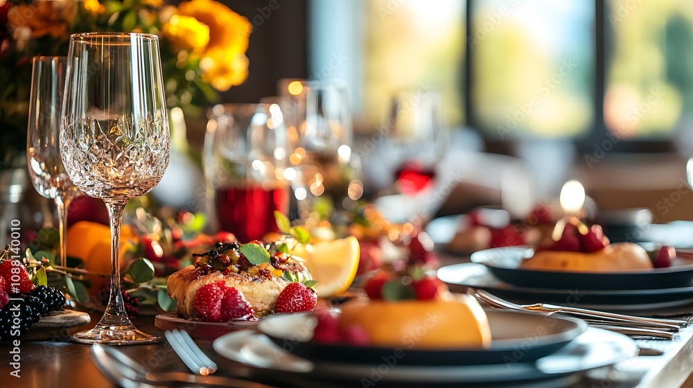 Elegant dining table set with delicious desserts and fresh fruits Elegant dining table set with delicious desserts and fresh fruits