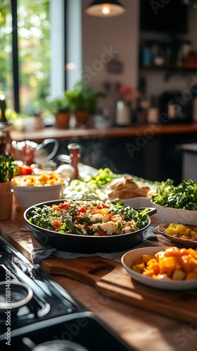 Colorful vegetarian dishes prepared in a bright, modern kitchen.