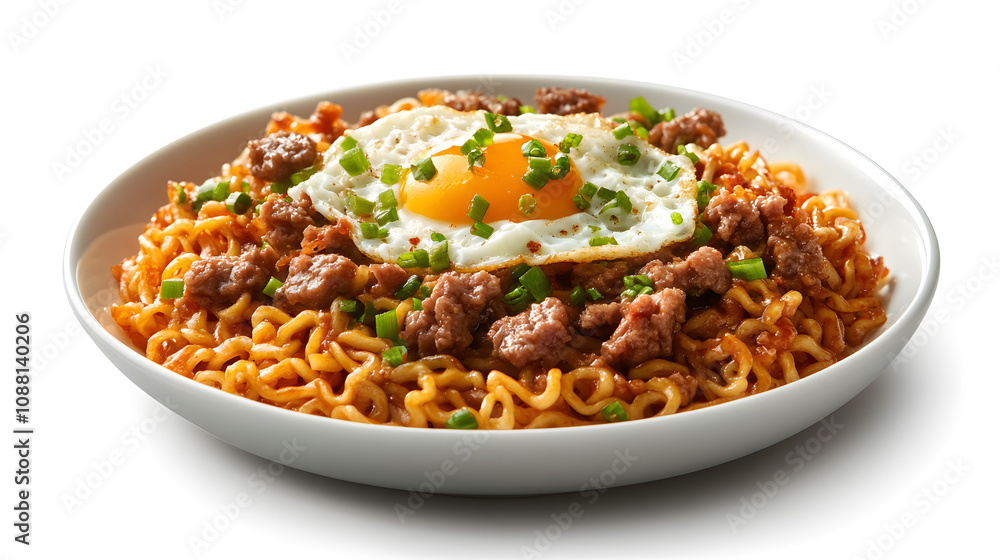 A plate of ramen noodles with ground meat and a fried egg. Green onions are sprinkled on top. A plate of ramen noodles with ground meat and a fried egg. Green onions are sprinkled on top.