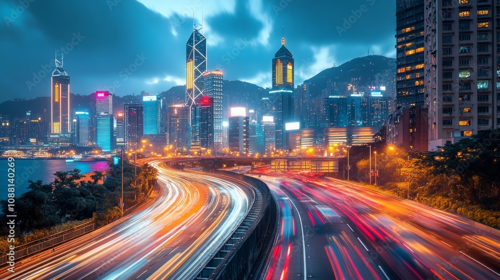 Fototapeta premium Night cityscape with vibrant highway traffic light trails and modern skyscrapers.