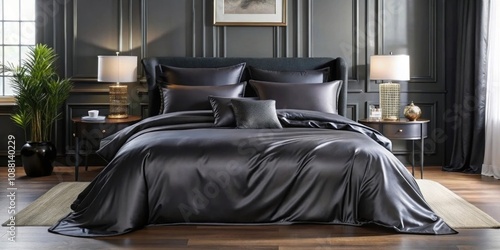 Luxurious black satin cotton bedding set on a bed , black, satin, cotton, bedding, luxurious, comfort, bedroom, pillows, blanket