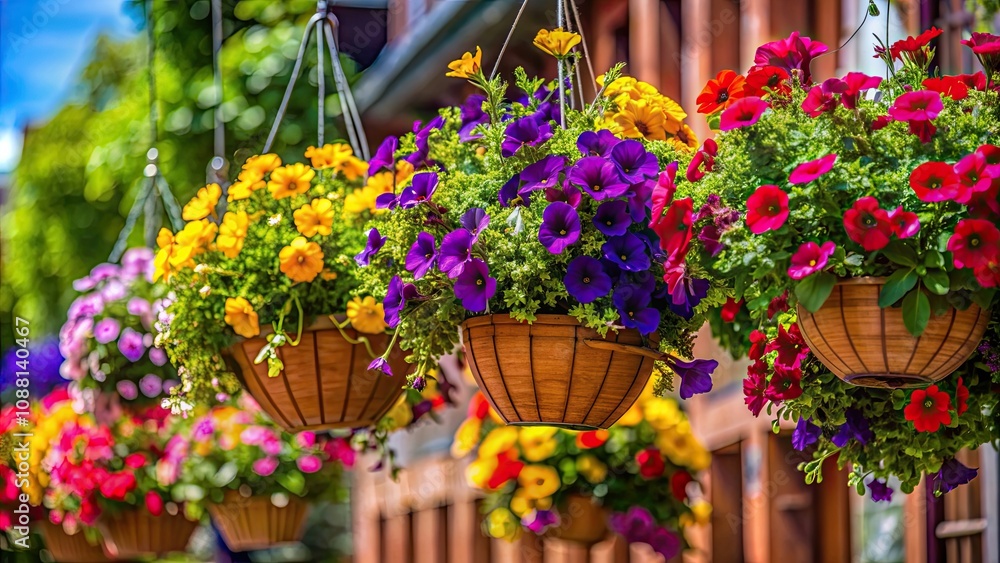 Fototapeta premium Vibrant hanging flowers baskets in bloom , floral, vibrant, colorful, spring, garden, decoration, blooming, hanging