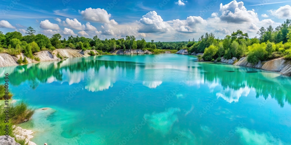 Naklejka premium Exotic blue and green Kaolin Lake in Bangka, Indonesia with serene natural beauty, Kaolin lake, Bangka, Bangka Belitung