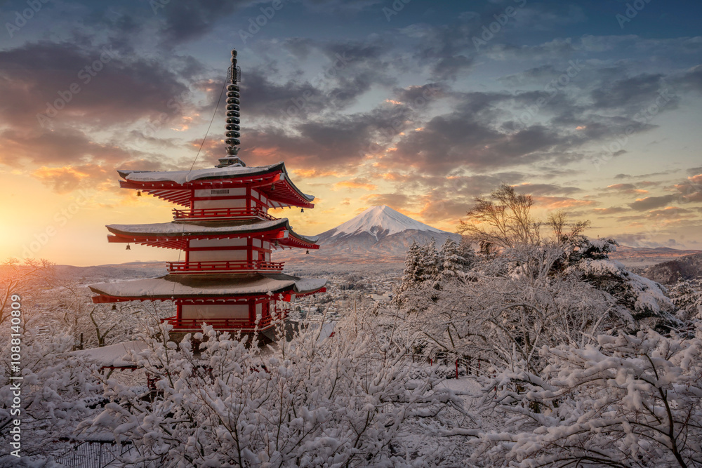 Fujiyoshida, Japan Beautiful view of mountain Fuji and Chureito pagoda at sunrise of Mount Fuji during winter.This is one of the famous spot to take pictures of Mount Fuji. Fujiyoshida, Japan Beautiful view of mountain Fuji and Chureito pagoda at sunrise of Mount Fuji during winter.This is one of the famous spot to take pictures of Mount Fuji.