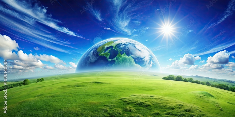 Vast landscape with green earth and clear blue skies, nature, scenery, environment, planet, outdoors, tranquil, serene Vast landscape with green earth and clear blue skies, nature, scenery, environment, planet, outdoors, tranquil, serene