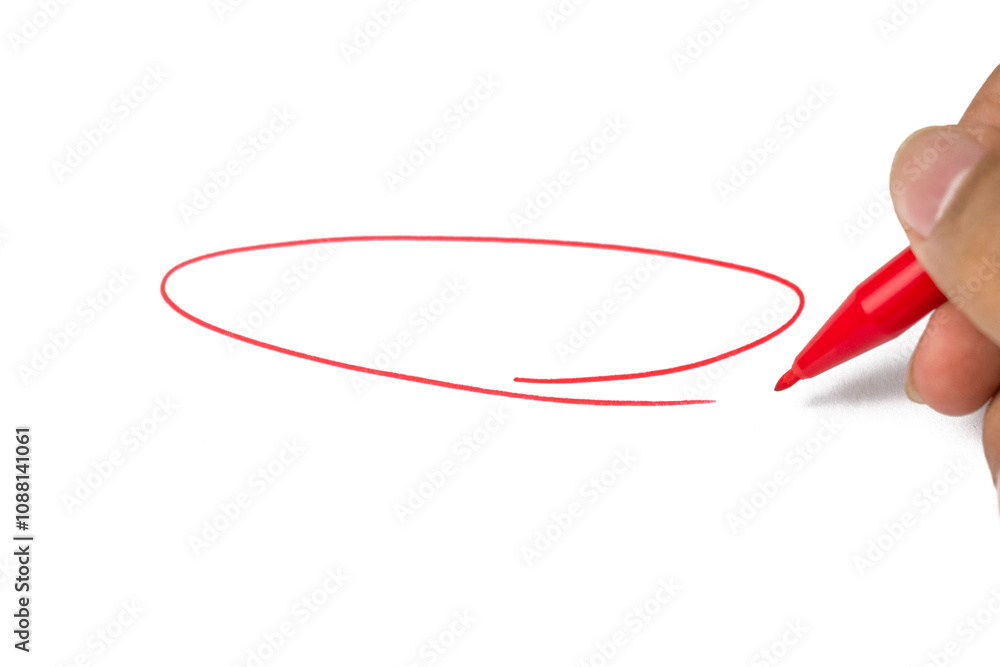close up of male hand making red circle marker for highlighting isolated on white background close up of male hand making red circle marker for highlighting isolated on white background