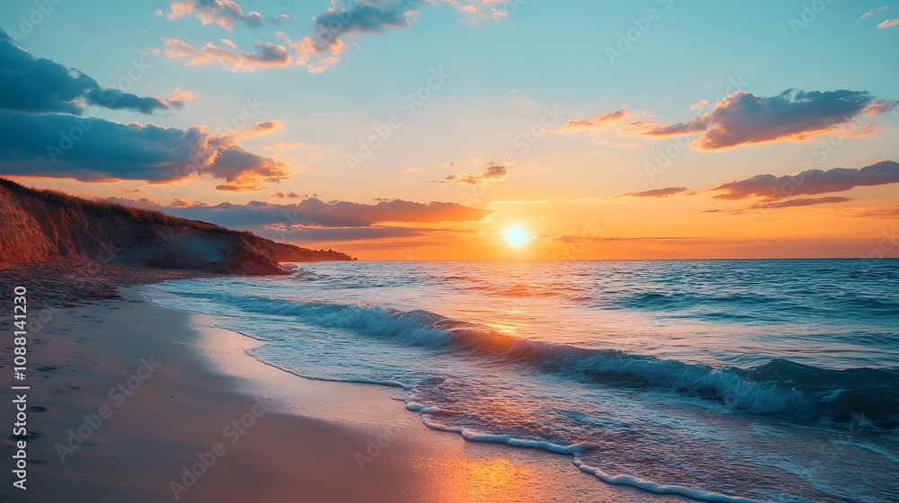 Stunning sunset over tranquil beach with gentle waves and colorful sky. Stunning sunset over tranquil beach with gentle waves and colorful sky.