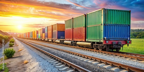 Logistic train carrying cargo containers in an inland port, logistic train, cargo containers, transportation, shipping
