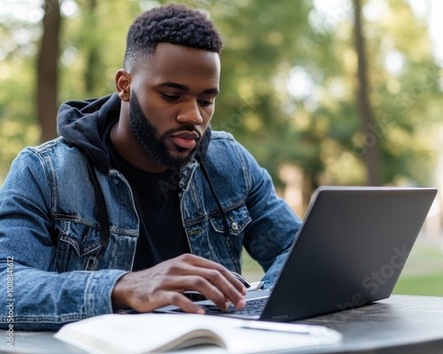 Candid shot of a student working on a laptop in a park, surrounded by nature, reading comprehension exercises on screen, unposed and relaxed, reallife elearning environment photo