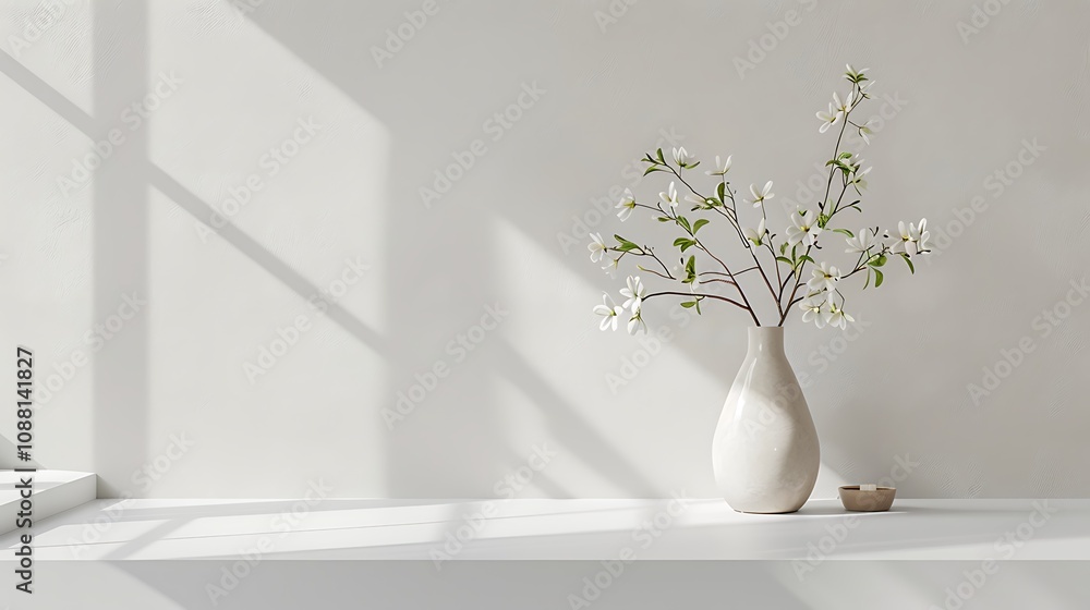 White vase with white flowers on a white background White vase with white flowers on a white background