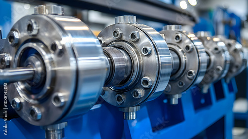 Close-up View of Industrial Metallic Machine Components with Precisely Engineered Parts and Detailed Mechanisms, Showcasing High-Quality Manufacturing.