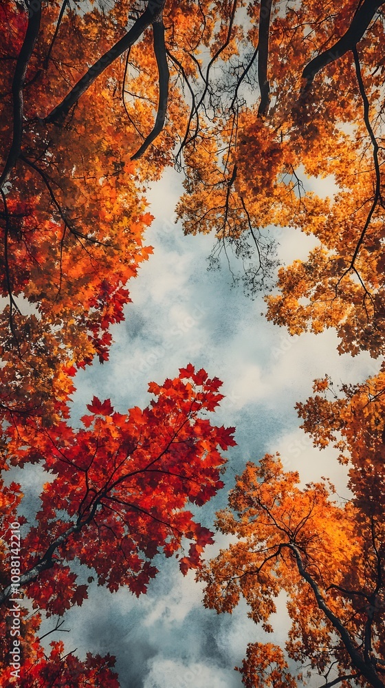 A vibrant view of autumn leaves in rich reds and oranges against a cloudy sky. A vibrant view of autumn leaves in rich reds and oranges against a cloudy sky.