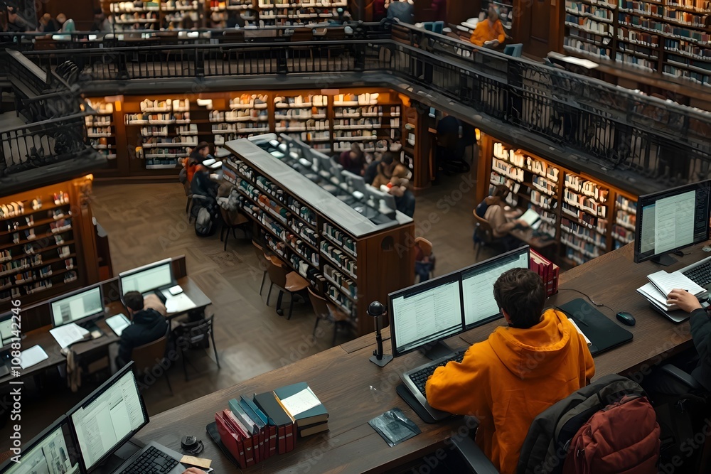 Bustling University Library With Engaged Students Exploring Knowledge Bustling University Library With Engaged Students Exploring Knowledge