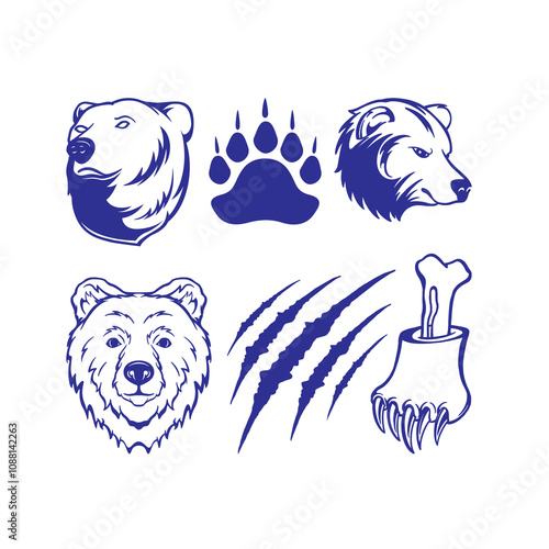 vector illustration of several bear heads and their paws