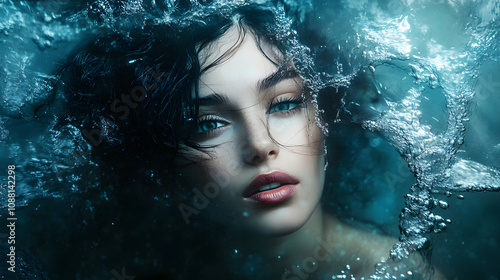 A woman with dark hair and blue eyes, surrounded by splashing water.